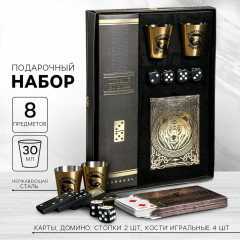 Подарочный набор мужской «За настоящих мужиков»: карты, домино, стопки 2 шт х 30 мл, кости игральные 4 шт